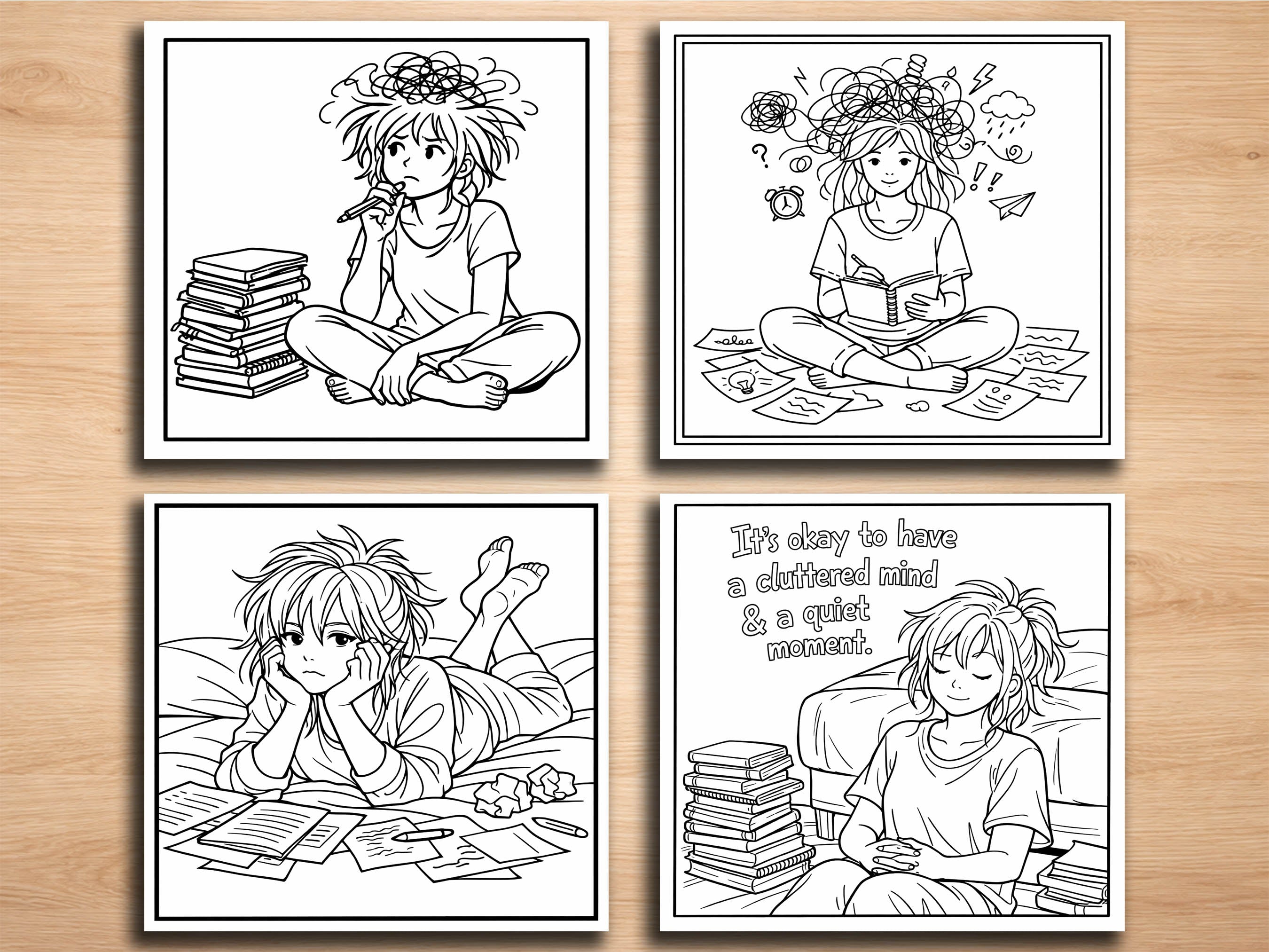 Messy Mind Girl Coloring Pages – 20 Relatable & Emotional Line Art Designs