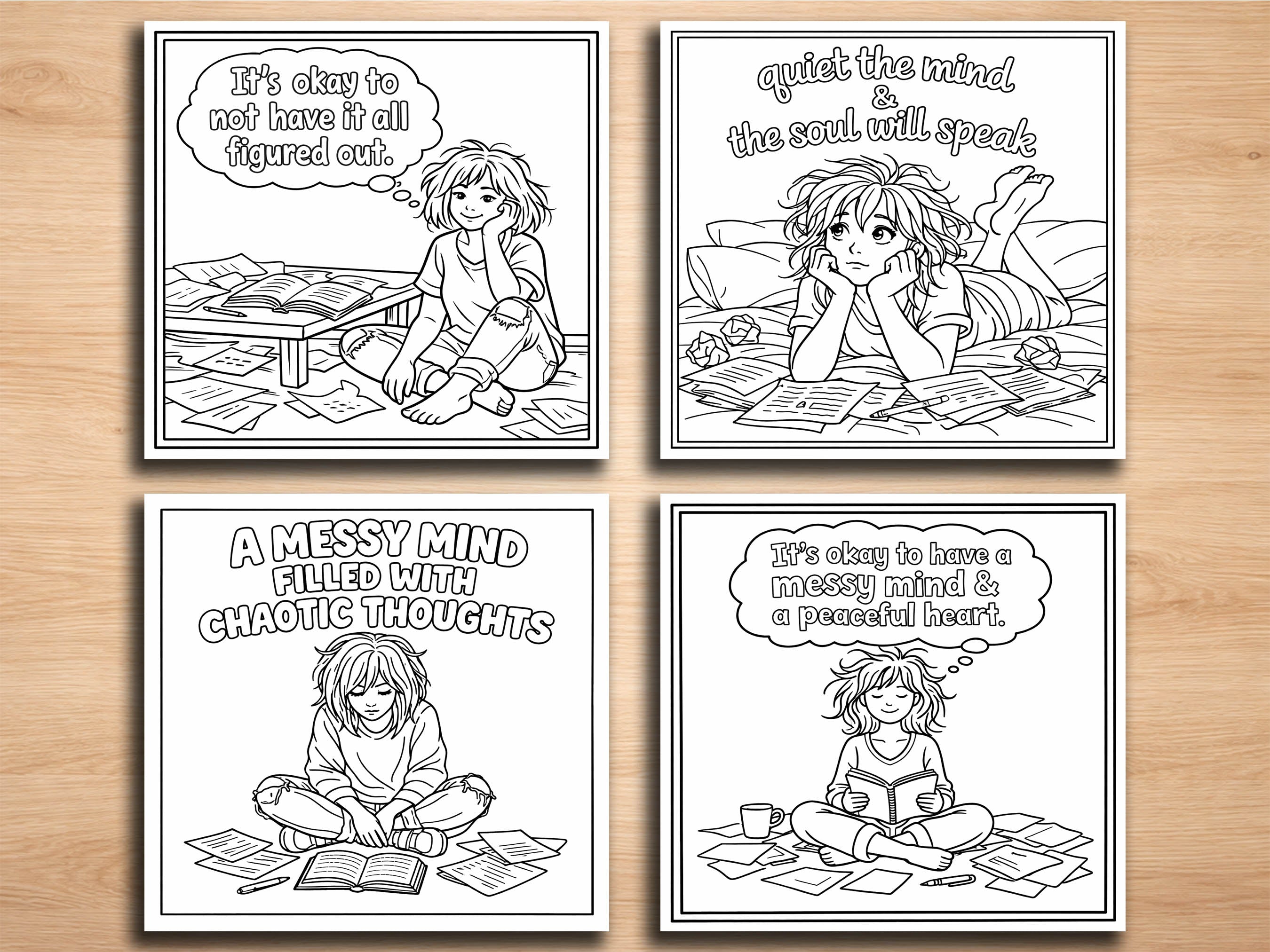Messy Mind Girl Coloring Pages – 20 Relatable & Emotional Line Art Designs